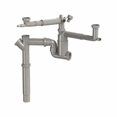 Vattenlås för kök eller tvättbänk med tvärvinklat rör och golvhuv